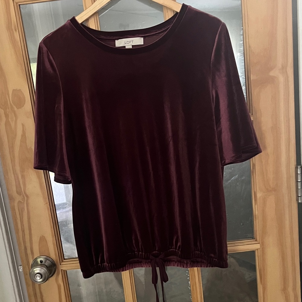 LOFT Velvet Short Sleeve Drawstring Top in Deep Burgundy